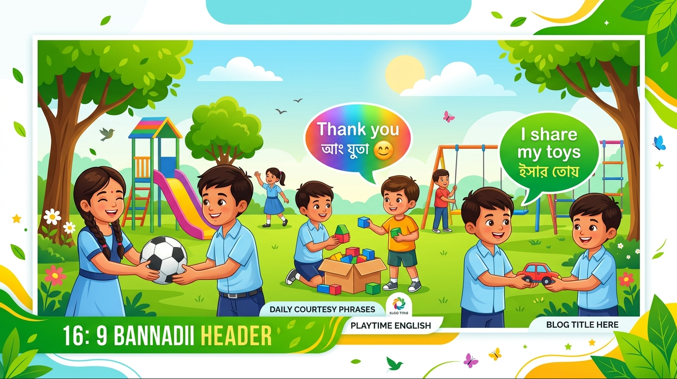 Educational vector illustration showing children practicing courtesy phrases and sentence building during playtime.
