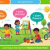 Educational vector illustration showing school children practicing English phrases about hobbies and weekend activities.