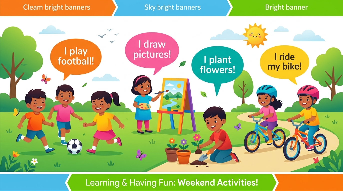 Educational vector illustration showing school children practicing English phrases about hobbies and weekend activities.