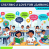 Educational vector illustration showing school children practicing daily classroom phrases and sentence structures in English.