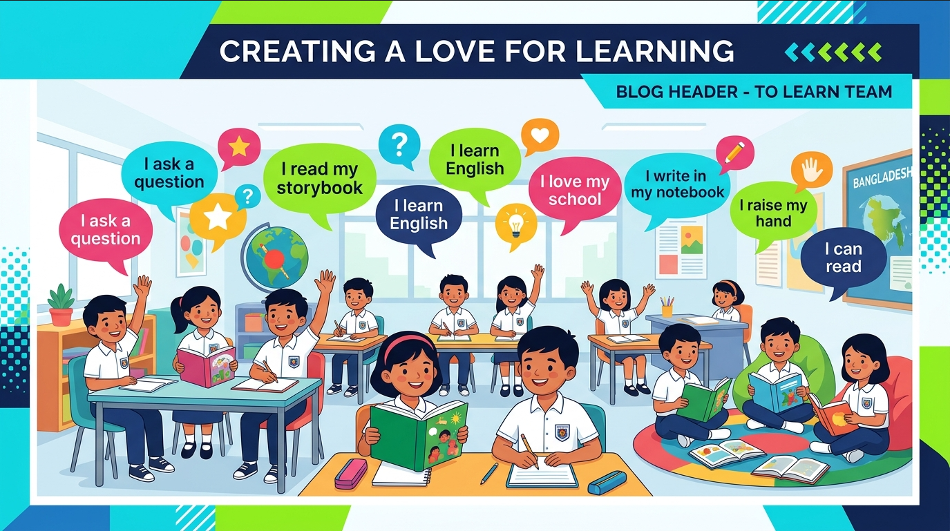 Educational vector illustration showing school children practicing daily classroom phrases and sentence structures in English.