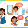 Educational vector illustration showing school children practicing healthy habits and learning daily hygiene English phrases.