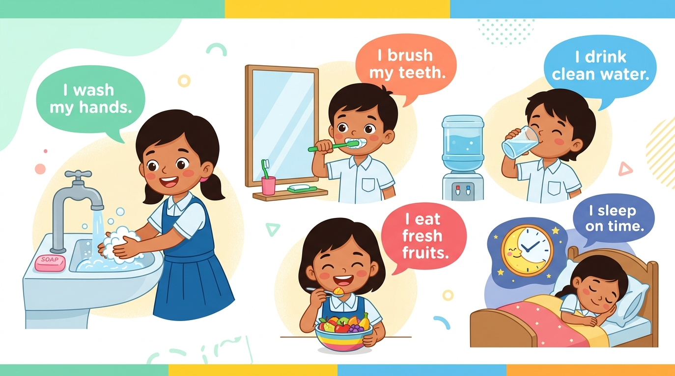 Educational vector illustration showing school children practicing healthy habits and learning daily hygiene English phrases.