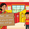Kids learning Either + Noun Phrase1 + Or + Noun Phrase2 with 100+ examples in English grammar with Bangla meanings and pronunciation in a colorful classroom illustration.