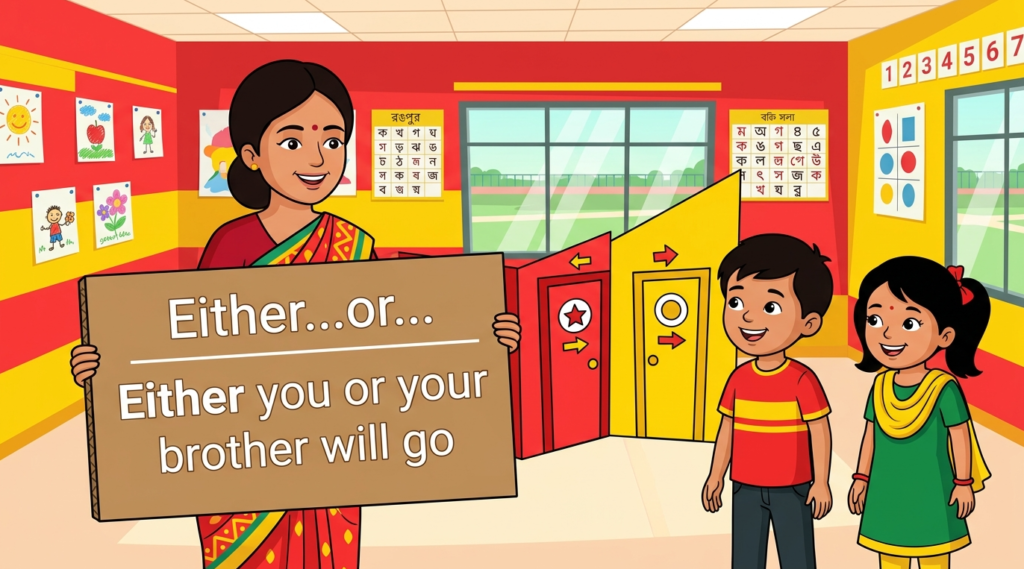 Kids learning Either + Noun Phrase1 + Or + Noun Phrase2 with 100+ examples in English grammar with Bangla meanings and pronunciation in a colorful classroom illustration.