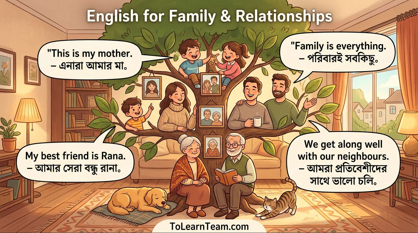 English for family and relationships with Bangla meaning – describing family, friends, neighbours, relatives, relationship phrases for Bengali learners.