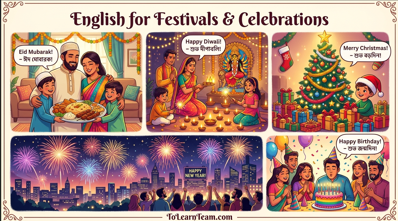English for festivals and celebrations with Bangla meaning – Eid, Puja, Christmas, New Year, birthdays, weddings for Bengali learners.