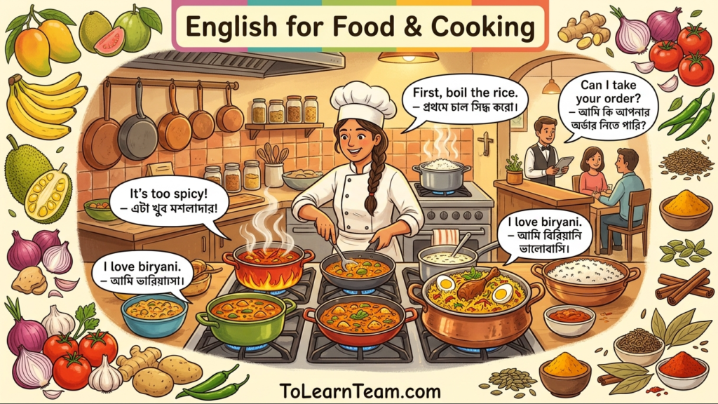 English for food and cooking with Bangla meaning – food vocabulary, taste, cooking verbs, ordering food, recipes for Bengali learners.