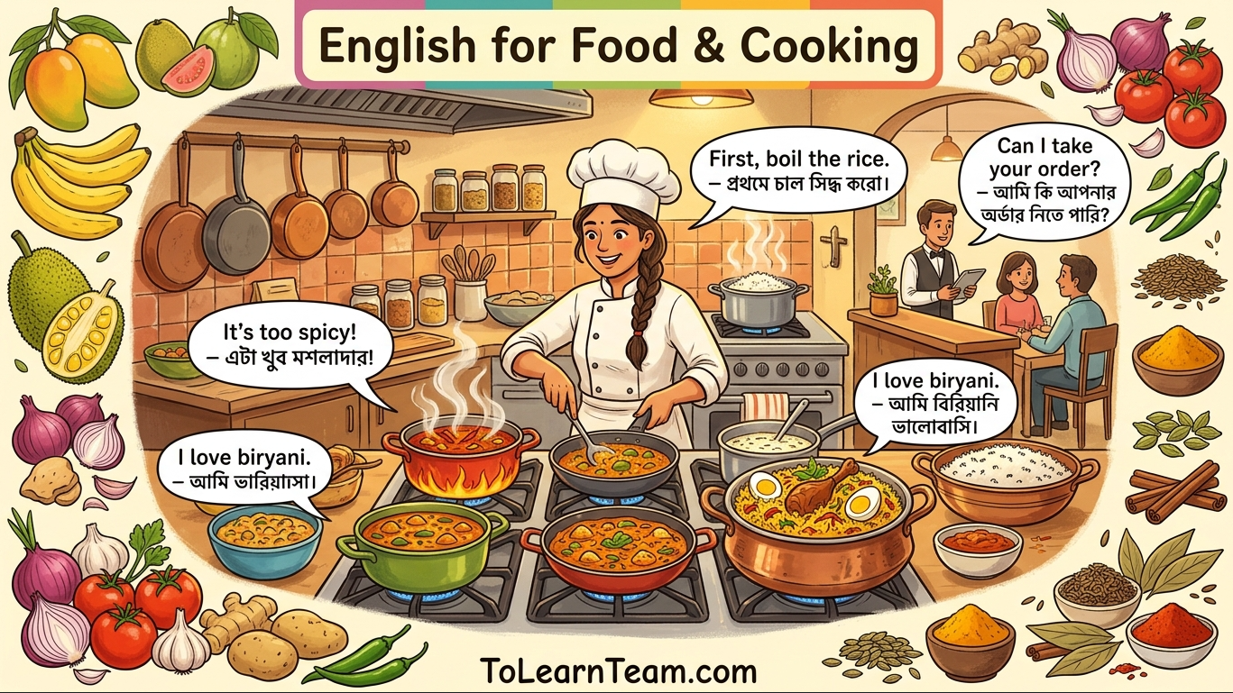 English for food and cooking with Bangla meaning – food vocabulary, taste, cooking verbs, ordering food, recipes for Bengali learners.