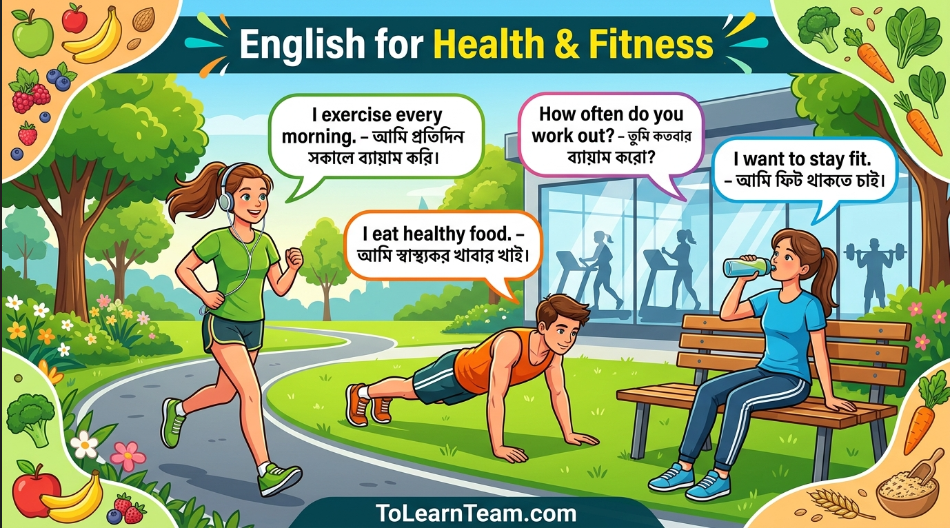 English for health and fitness with Bangla meaning – exercise, diet, healthy habits, gym, fitness routine for Bengali learners