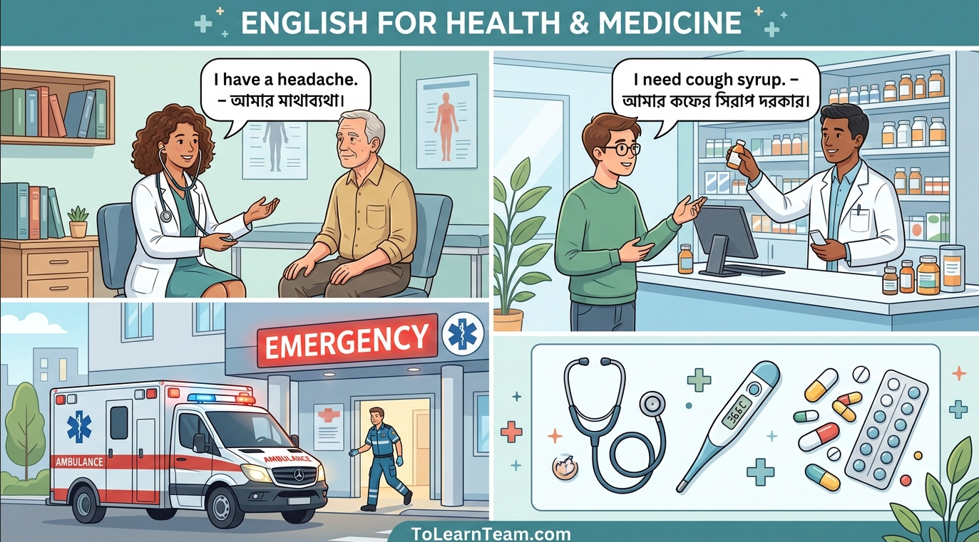 English for health and medicine with Bangla meaning – doctor visit, describing symptoms, buying medicine, emergency for Bengali learners.
