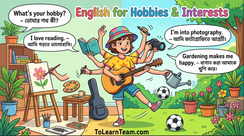 English for hobbies and interests with Bangla meaning – vocabulary, phrases, and examples for Bengali learners.