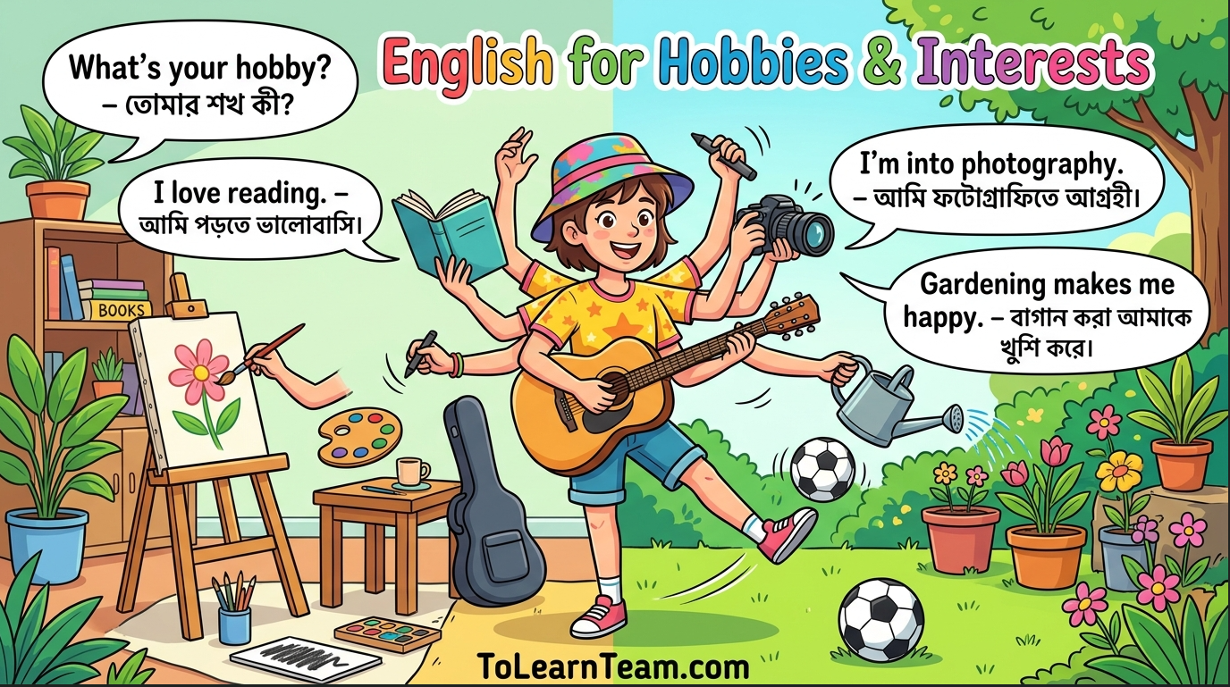 English for hobbies and interests with Bangla meaning – vocabulary, phrases, and examples for Bengali learners.