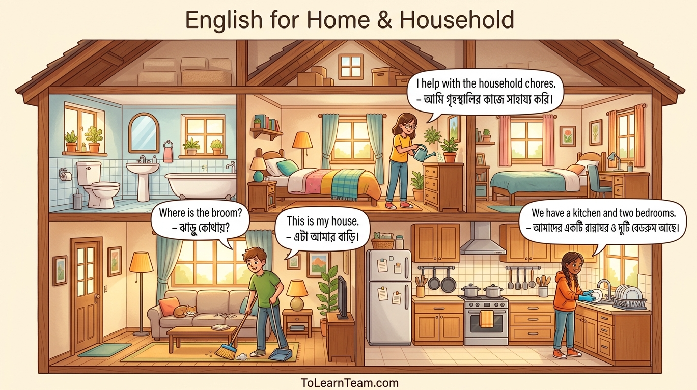 English for home and household with Bangla meaning – rooms, furniture, chores, describing your house for Bengali learners.