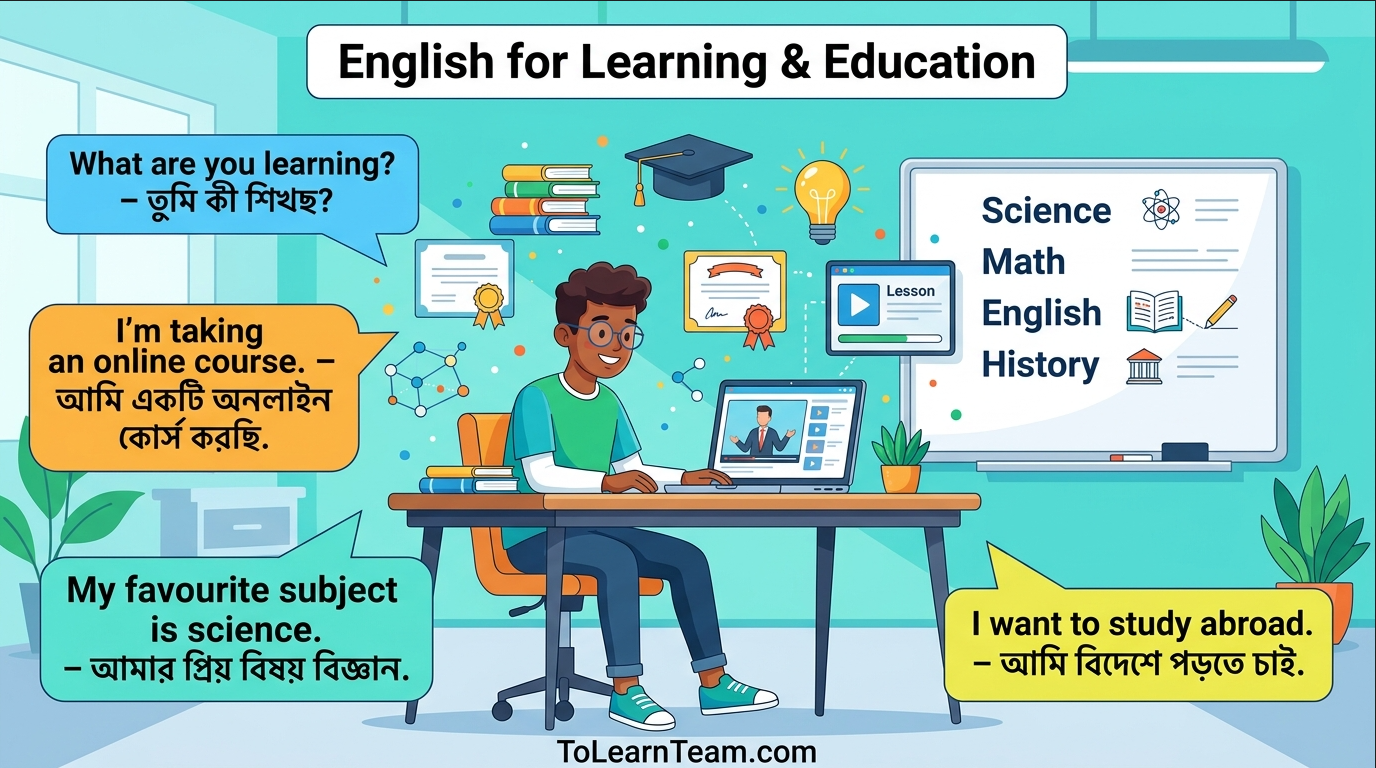 English for learning and education with Bangla meaning – subjects, learning methods, online courses, educational goals for Bengali learners.