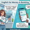 English for money and banking with Bangla meaning – saving, spending, mobile banking, bank transactions for Bengali learners.