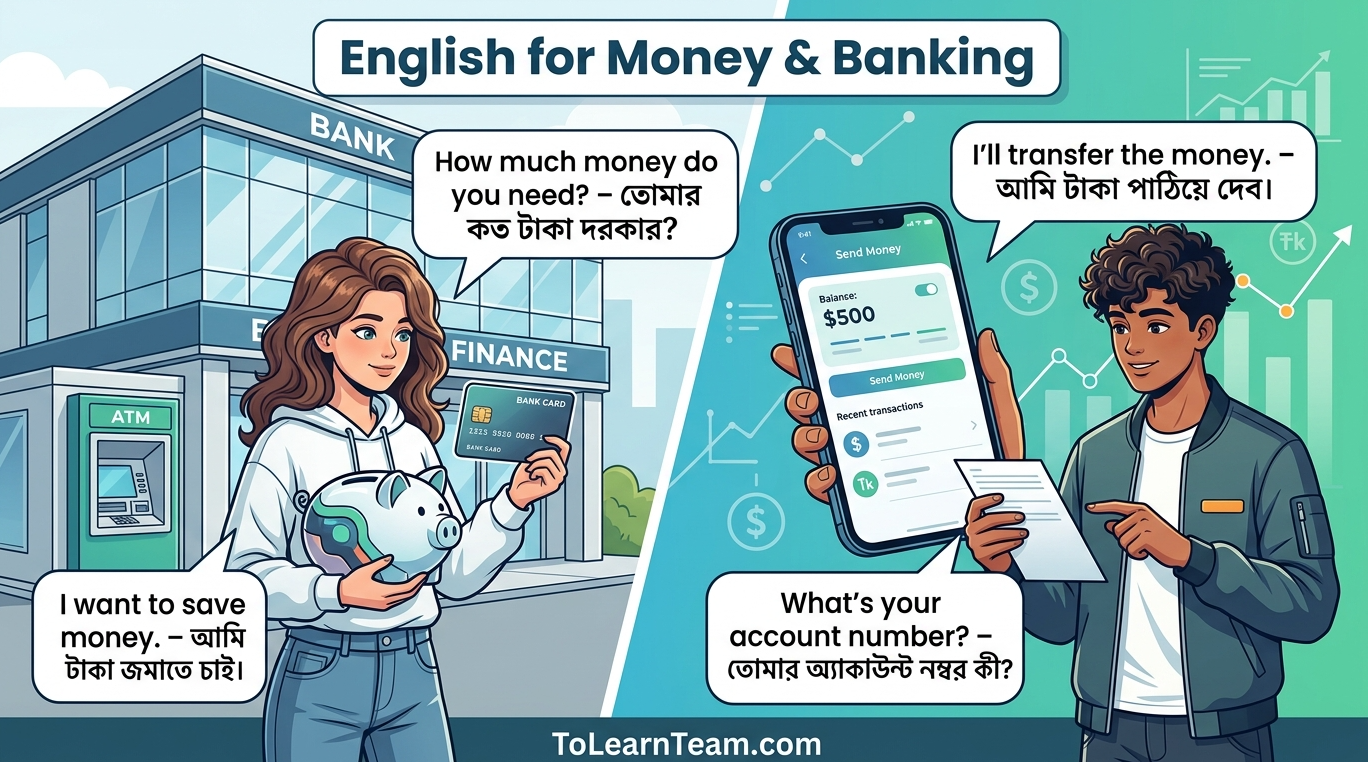 English for money and banking with Bangla meaning – saving, spending, mobile banking, bank transactions for Bengali learners.