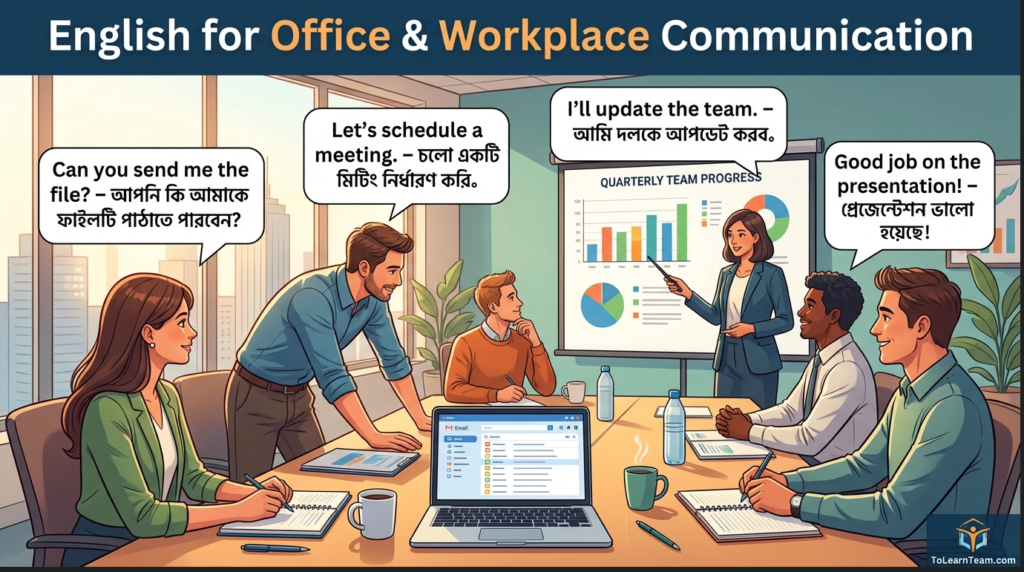 English for office and workplace communication with Bangla meaning – colleagues, email, meetings, presentations, phrasal verbs for Bengali learners.