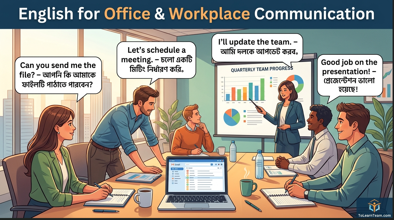 English for office and workplace communication with Bangla meaning – colleagues, email, meetings, presentations, phrasal verbs for Bengali learners.