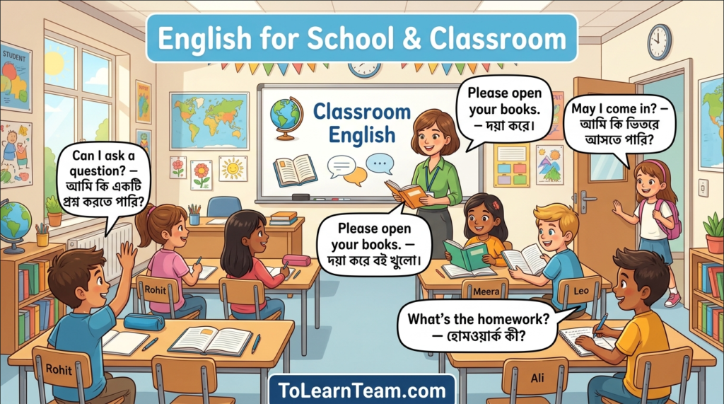 English for school and classroom with Bangla meaning – teacher-student conversation, asking questions, homework, exams for Bengali learners.