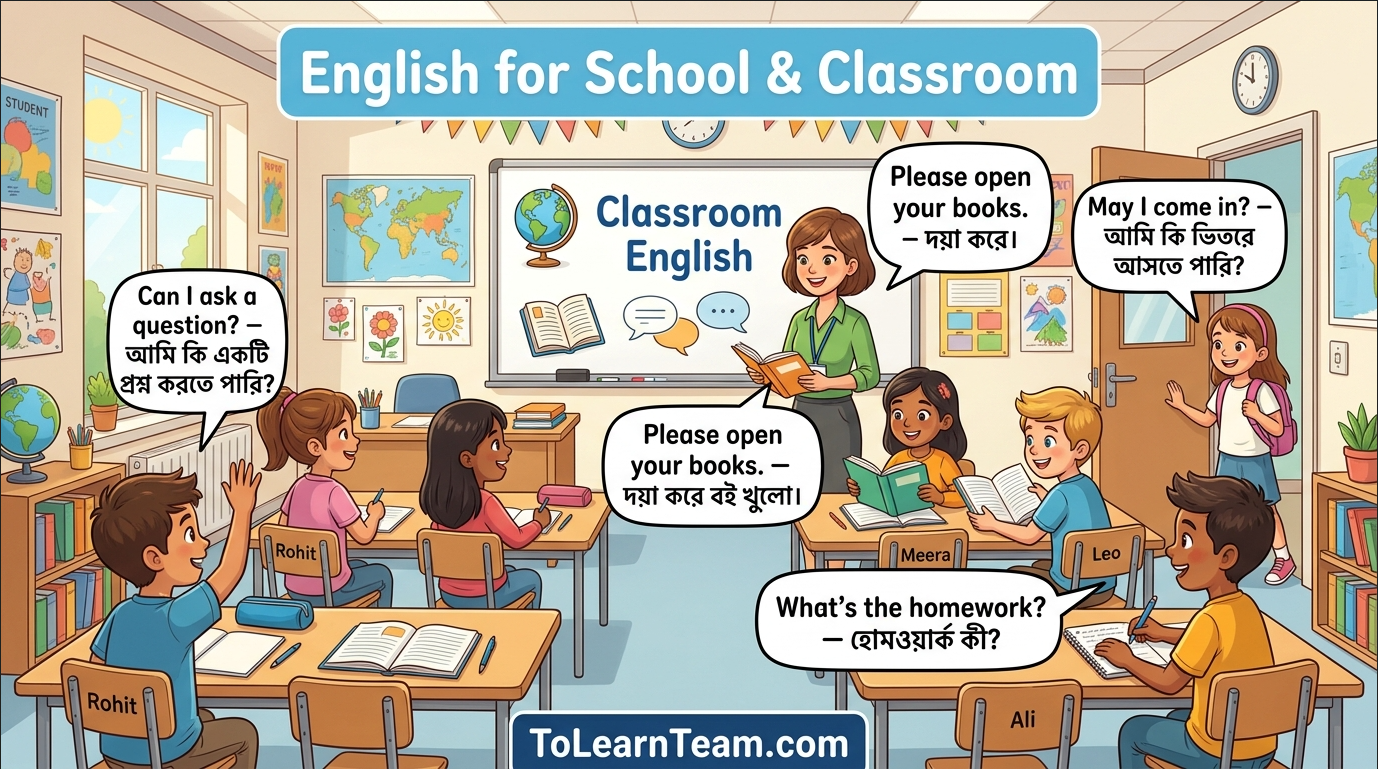English for school and classroom with Bangla meaning – teacher-student conversation, asking questions, homework, exams for Bengali learners.