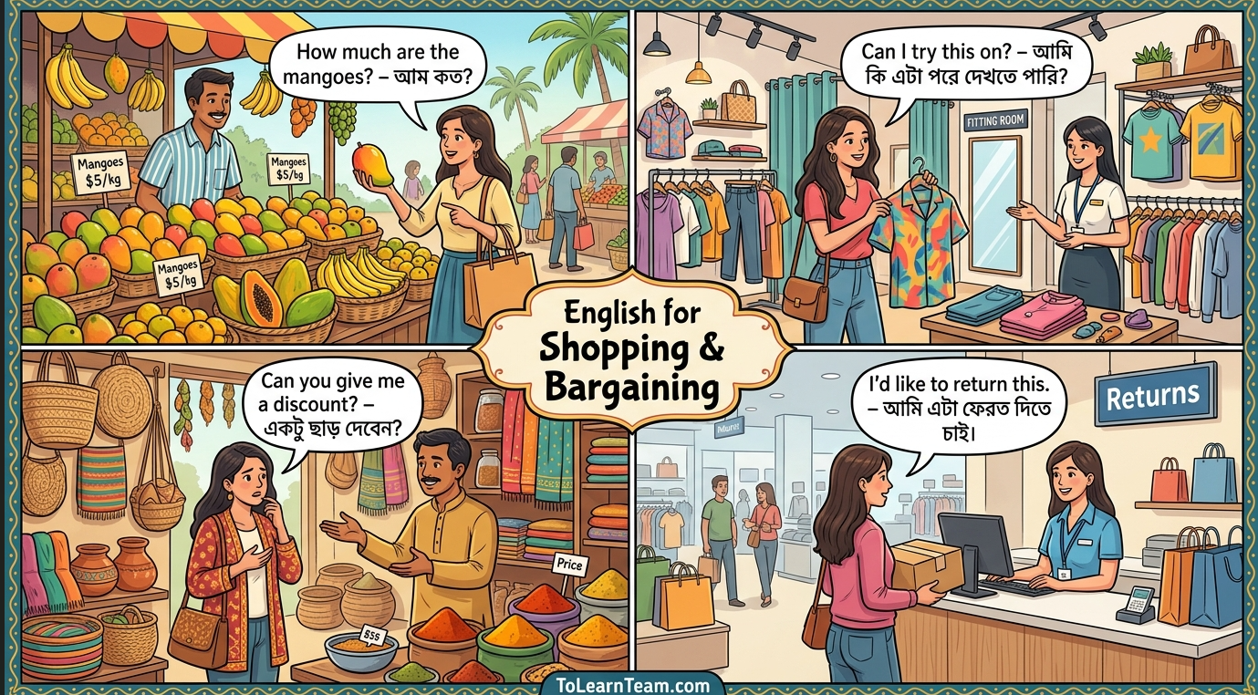 English for shopping and bargaining with Bangla meaning – market, clothing shop, supermarket, asking prices, discounts, returns for Bengali learners.