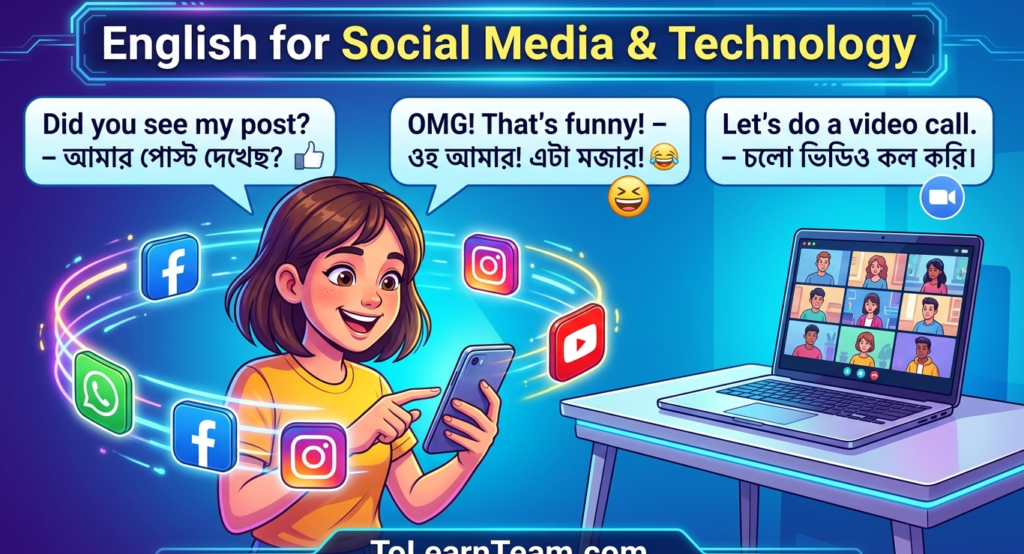 English for social media and technology with Bangla meaning – chatting, texting abbreviations, online meetings, tech vocabulary for Bengali learners.
