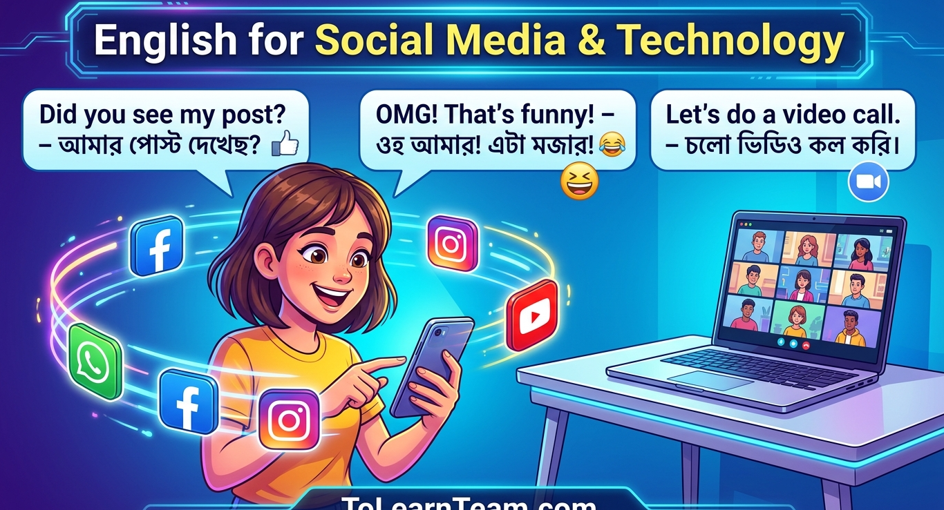 English for social media and technology with Bangla meaning – chatting, texting abbreviations, online meetings, tech vocabulary for Bengali learners.