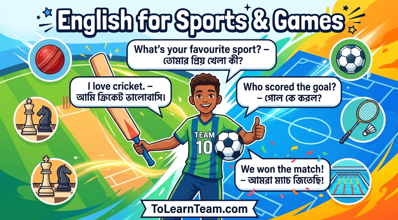 English for sports and games with Bangla meaning – sports vocabulary, match descriptions, scores, conversations for Bengali learners.