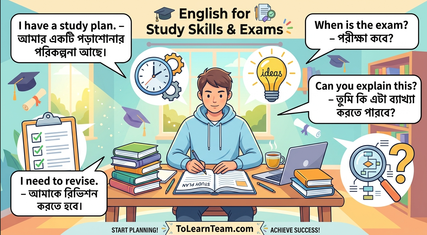 English for study skills and exams with Bangla meaning – study plan, note taking, exam preparation, asking for help for Bengali learners.