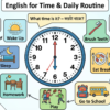 English for time and daily routine with Bangla meaning – telling time, daily activities, prepositions of time, adverbs of frequency for Bengali learners.