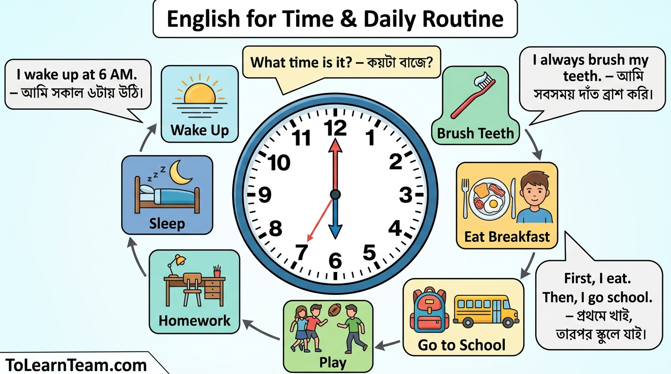 English for time and daily routine with Bangla meaning – telling time, daily activities, prepositions of time, adverbs of frequency for Bengali learners.