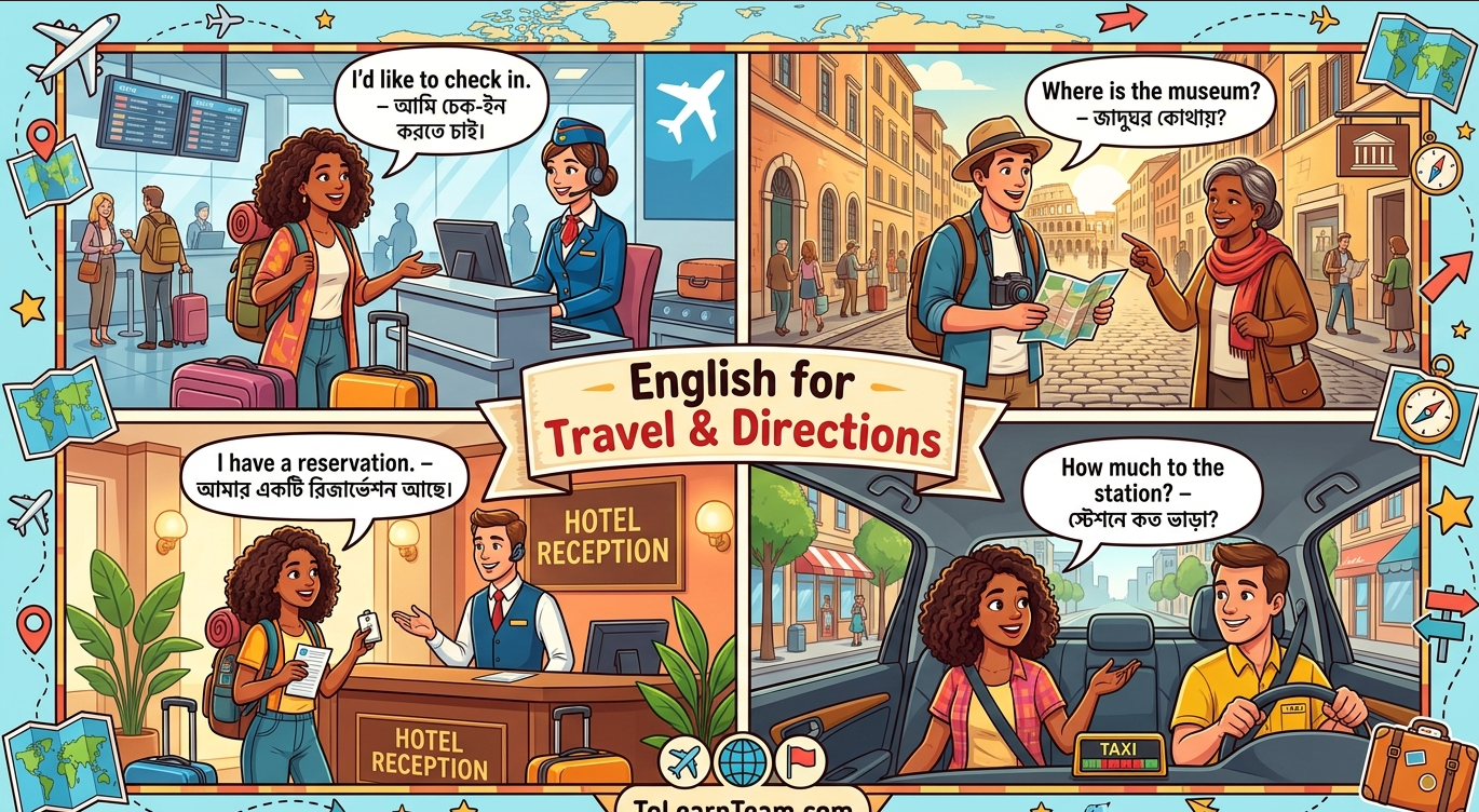 English for travel and directions with Bangla meaning – airport, hotel, taxi, directions, sightseeing, emergencies for Bengali learners.