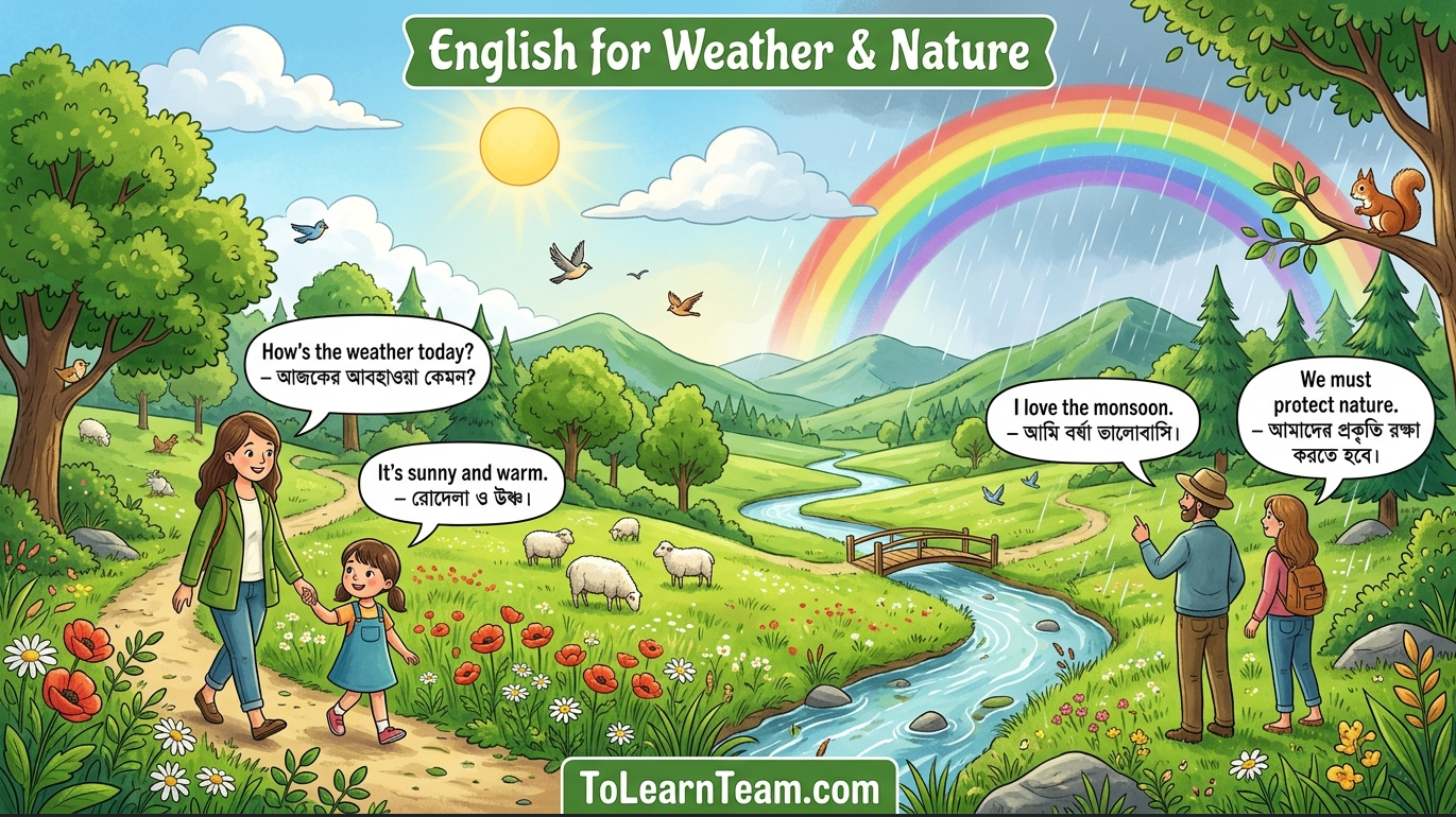 English for weather and nature with Bangla meaning – weather conversation, seasons, environment, nature vocabulary for Bengali learners.