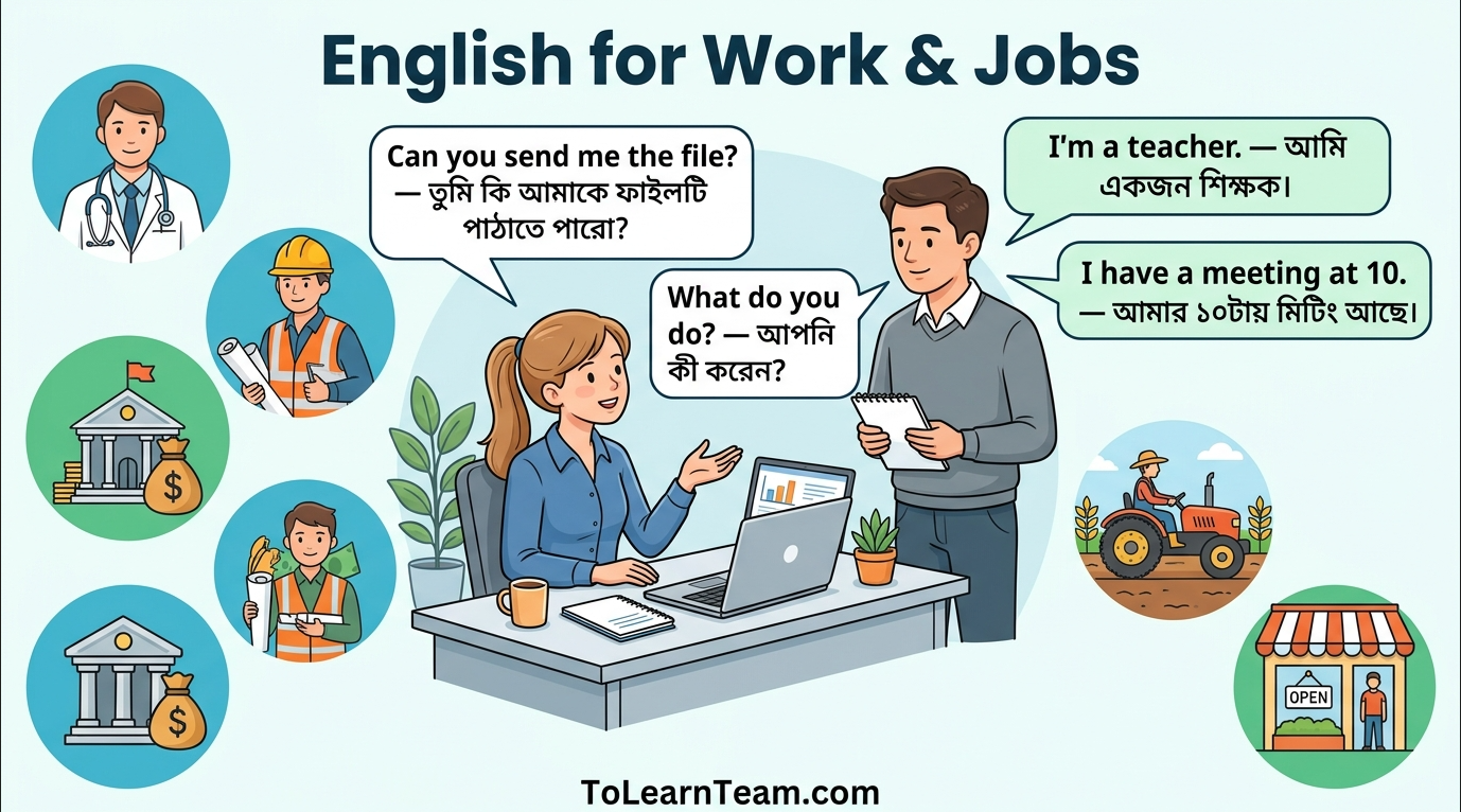 English for work and jobs with Bangla meaning – professions vocabulary, describing jobs, workplace conversations for Bengali learners.