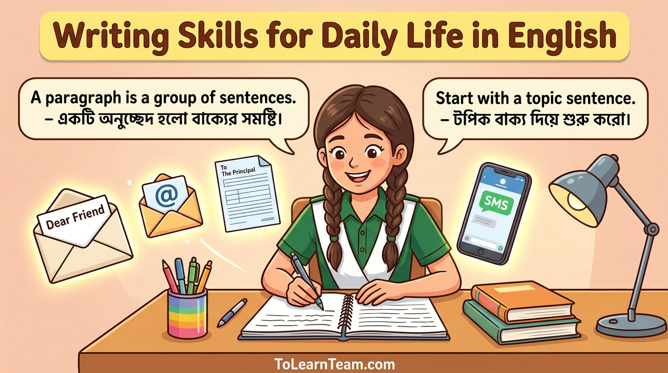 English writing skills for daily life with Bangla meaning – paragraph, letter, email, application formats for Bengali learners.