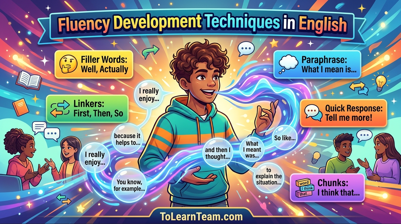 Fluency development techniques for spoken English with Bangla meaning – filler words, connectors, paraphrasing, quick responses, sentence starters for Bengali learners.