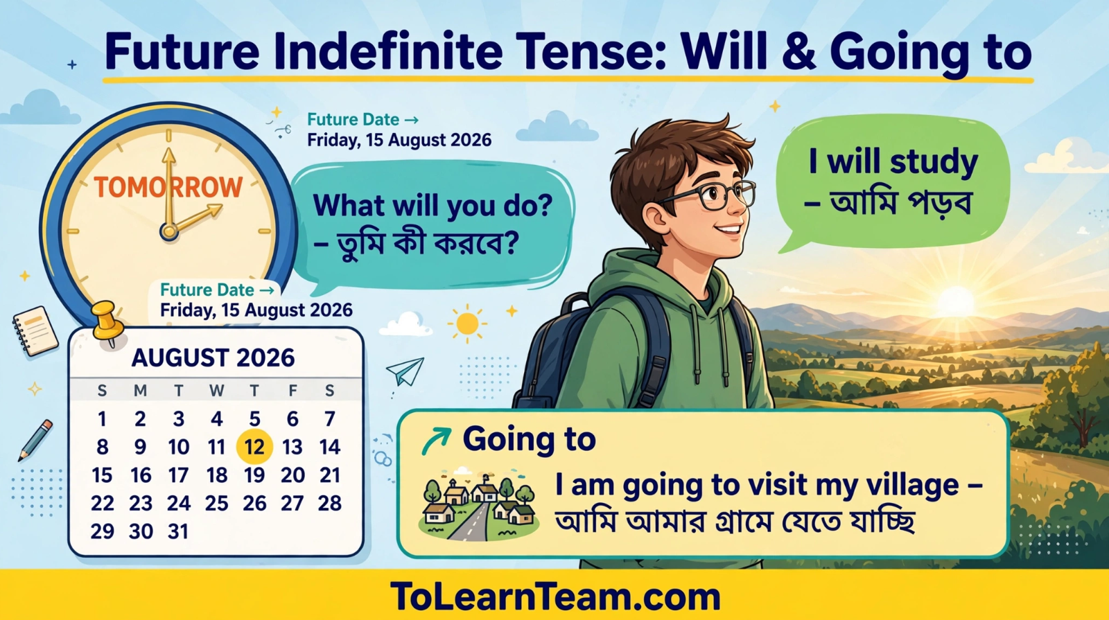 Future Indefinite YesNo and Wh-How questions with Will and Going to, full Bangla meanings for questions and answers – Spoken English for Bengali learners.