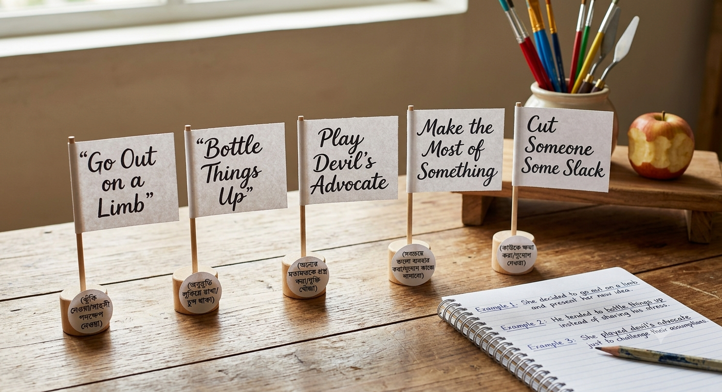  Go out on a limb, Bottle things up, Play devil’s advocate, Make the most of something, Cut someone some slack