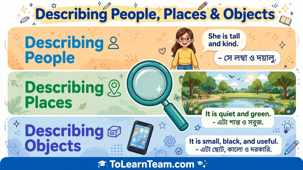 How to describe people, places, and objects in English with Bangla meaning, adjectives, comparisons, and examples – Spoken English for Bengali learners.