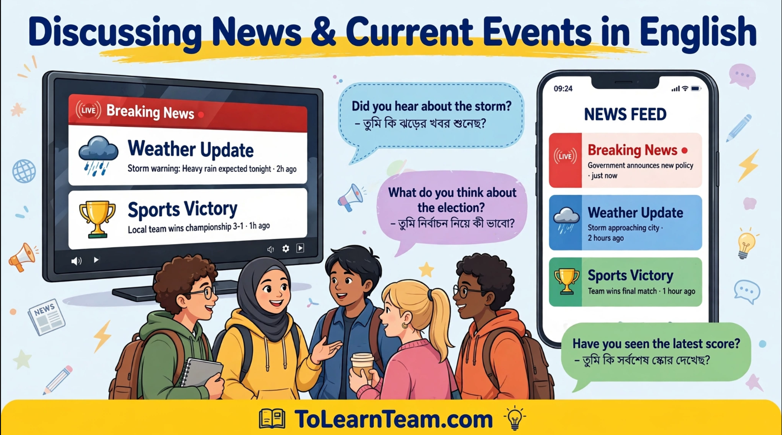 How to discuss news and current events in English with Bangla meaning, vocabulary, phrases, and examples – Spoken English for Bengali learners.