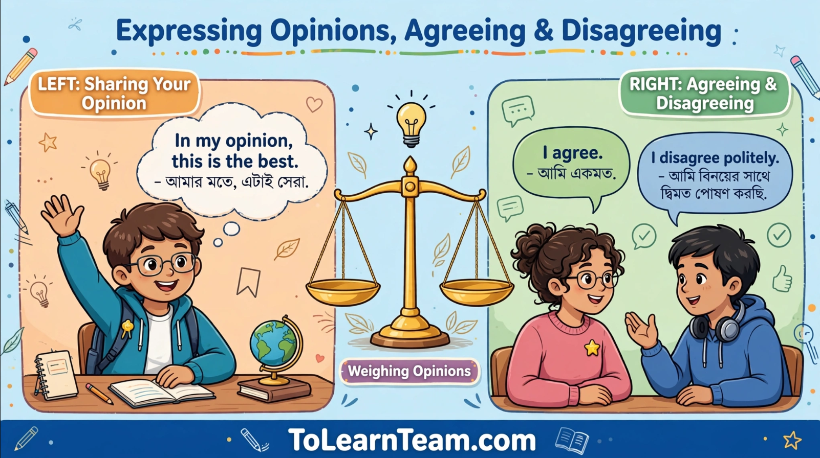How to express opinions, agree and disagree in English with Bangla meaning, phrases, and examples – Spoken English for Bengali learners.