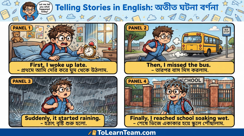 How to narrate past events and tell stories in English with Bangla meaning, sequencing words, and examples – Spoken English for Bengali learners.