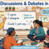 How to participate in group discussions and debates in English with Bangla meaning, phrases, and examples – Spoken English for Bengali learners.