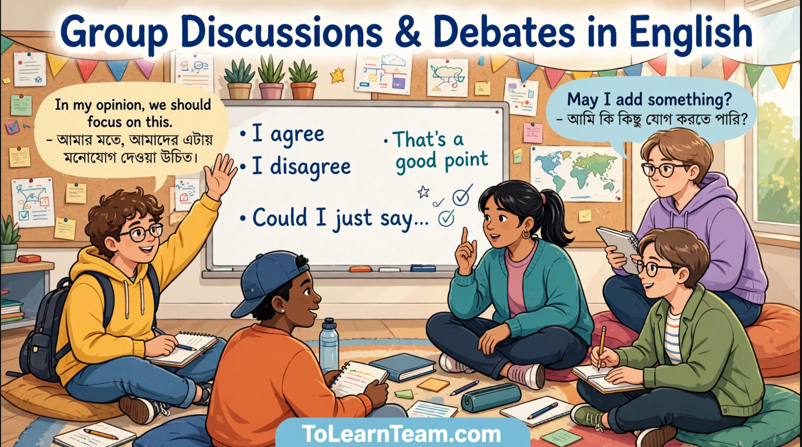 How to participate in group discussions and debates in English with Bangla meaning, phrases, and examples – Spoken English for Bengali learners.