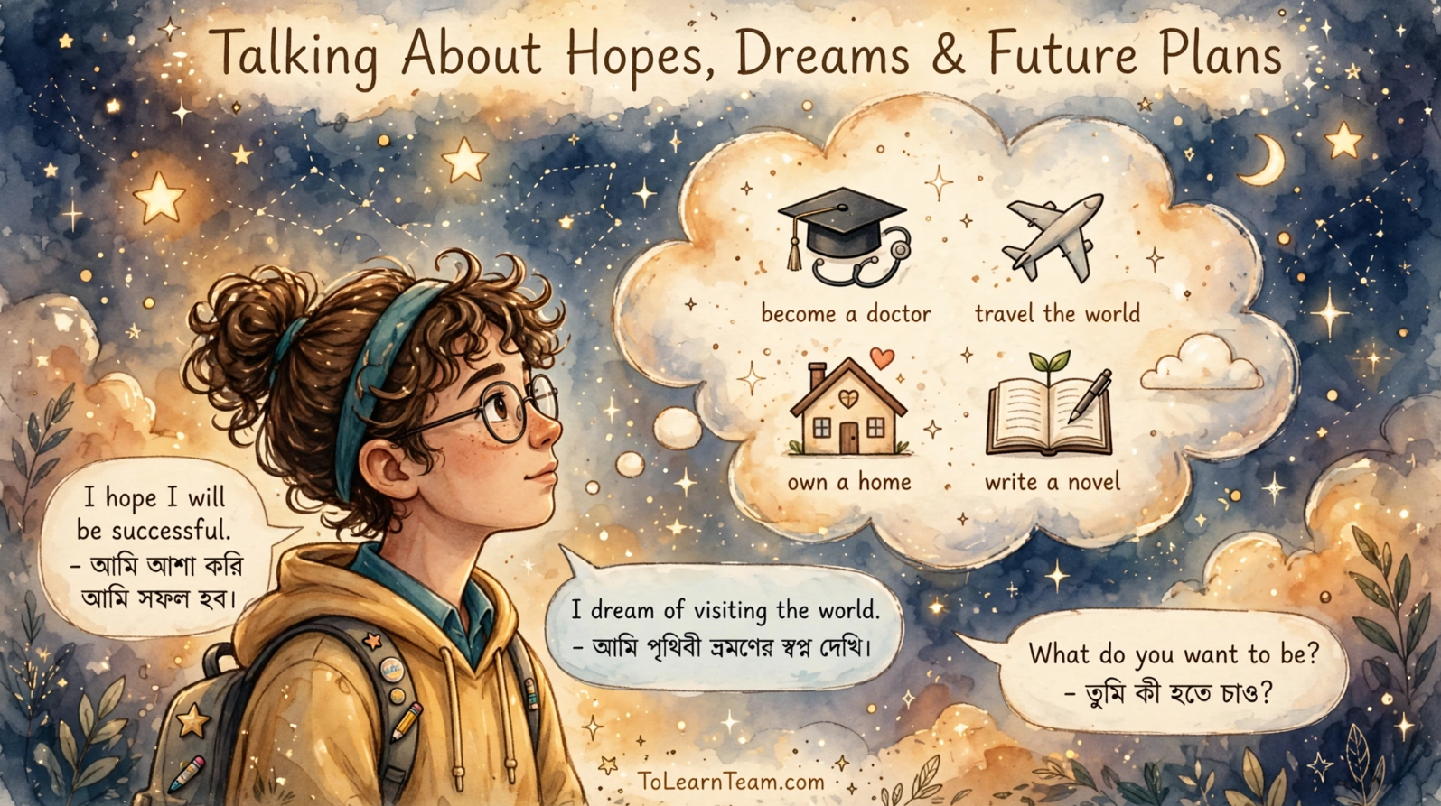 How to talk about hopes, dreams, ambitions and future plans in English with Bangla meaning and examples – Spoken English for Bengali learners.