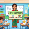 Kids learning If + Present + Future with 100+ examples in English grammar with Bangla meanings and pronunciation in a colorful classroom illustration.