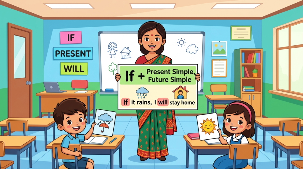 Kids learning If + Present + Future with 100+ examples in English grammar with Bangla meanings and pronunciation in a colorful classroom illustration.