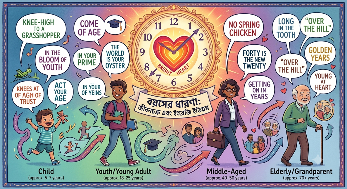 Illustration of people of different ages with speech bubbles showing English idioms like 'Act your age', 'Leave the nest', 'Young at heart', conveying the concept of age idioms.