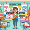 Kids learning Active-Passive of Future Continuous Tense with all sentence types and modals in English grammar with Bangla meanings and pronunciation in a colorful classroom illustration.